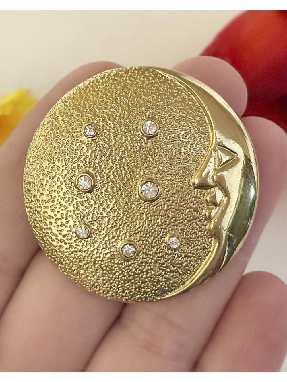 Whimsical Vintage BUTLER Moon & Stars Brooch Round Gold Crescent Moon Rhinestone